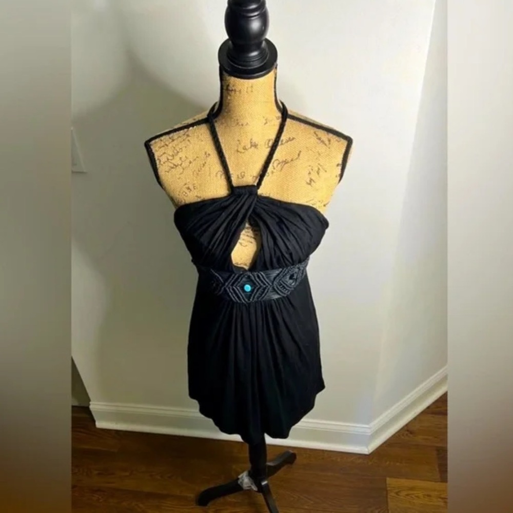 Black Keyhole Halter Dress Crocheted Turquoise Stone Empress Belt Embellishment - Picture 2 of 7